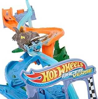 Toy Car Track Set, RacerVerse Jurassic World Crash & Splash Playset with Die-Cast Velociraptor Vehicle, Dinosaur Race with Spinosaurus