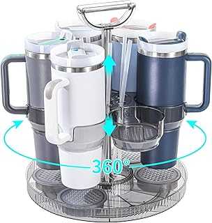 Water Bottle Organizer for Stanley, 360° Rotating Organizer for Stanley Cup 40 Oz, Drain Tray, Straw Holder, Adjustable Height, Tumbler with Handle, Accessories