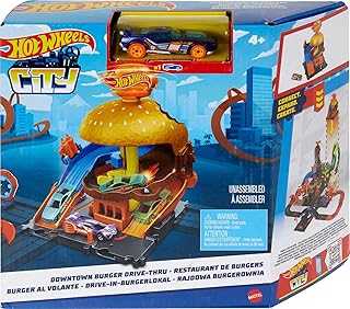 Toy Car Track Set, City Burger Drive-Thru Playset & 1:64 Scale Car, Connects to Other Sets & Tracks