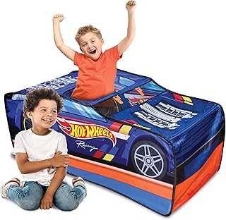 Pop Up Play Tent, Playhouse for Boys, Race Car Tent with Connections for Hot Wheels Tracks, Indoor Playspace with Roll-Up Door & Roof Opening, Easy Setup, Folds Flat for Storage