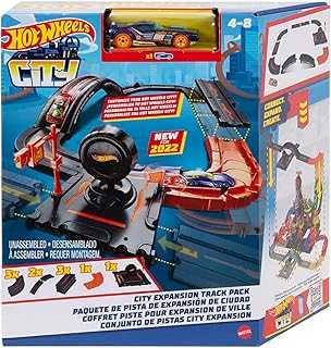 Toy Car Track Set Pack, 10 Track-Building Parts with City Square, Bridge & 1:64 Scale Vehicle, Connects to Other Tracks