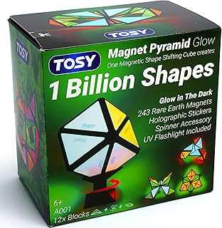 Magnet Pyramid Glow - 1 Cube Transforms into 1 Billion Shapes, 12 Pieces, 243 Rare Earth Magnets, Glowing, Holographic Design Magnet Tiles Creative Puzzle STEM/STEAM Toy
