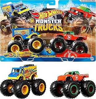 Monster Trucks 2-Pack, Demolition Doubles Set of 2 Toy Vehicles in 1:64 Scale, for Kids & Collectors (Styles May Vary)