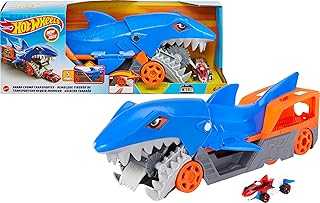 Toy Car Playset, Shark Chomp Transporter & 1:64 Scale Car, Connects to Track & Stores 5 Scale Vehicles