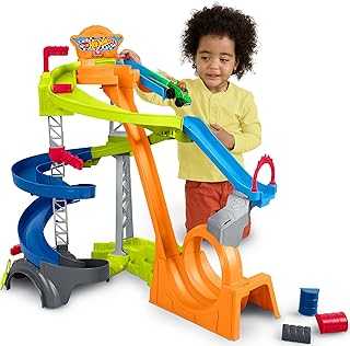 Little People Toddler Toy Hot Wheels Spiral Stunt Speedway Race Track Playset with 2 Cars for Pretend Play Kids Ages 18+ Months