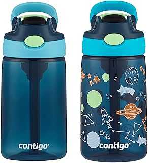 Kids Water Bottle with AutoSpout Straw, 14oz, 2-Pack, Blueberry & Blue Raspberry with Cosmos, Great for school and home