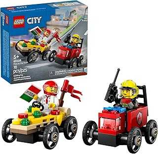 City Pizza vs. Fire Truck Race Car Pack Toy - Building Toy for Kids, Boys and Girls, Ages 5+ - Gift for Birthdays and Holidays - Includes Chef and Firefighter Minifigures - 60458